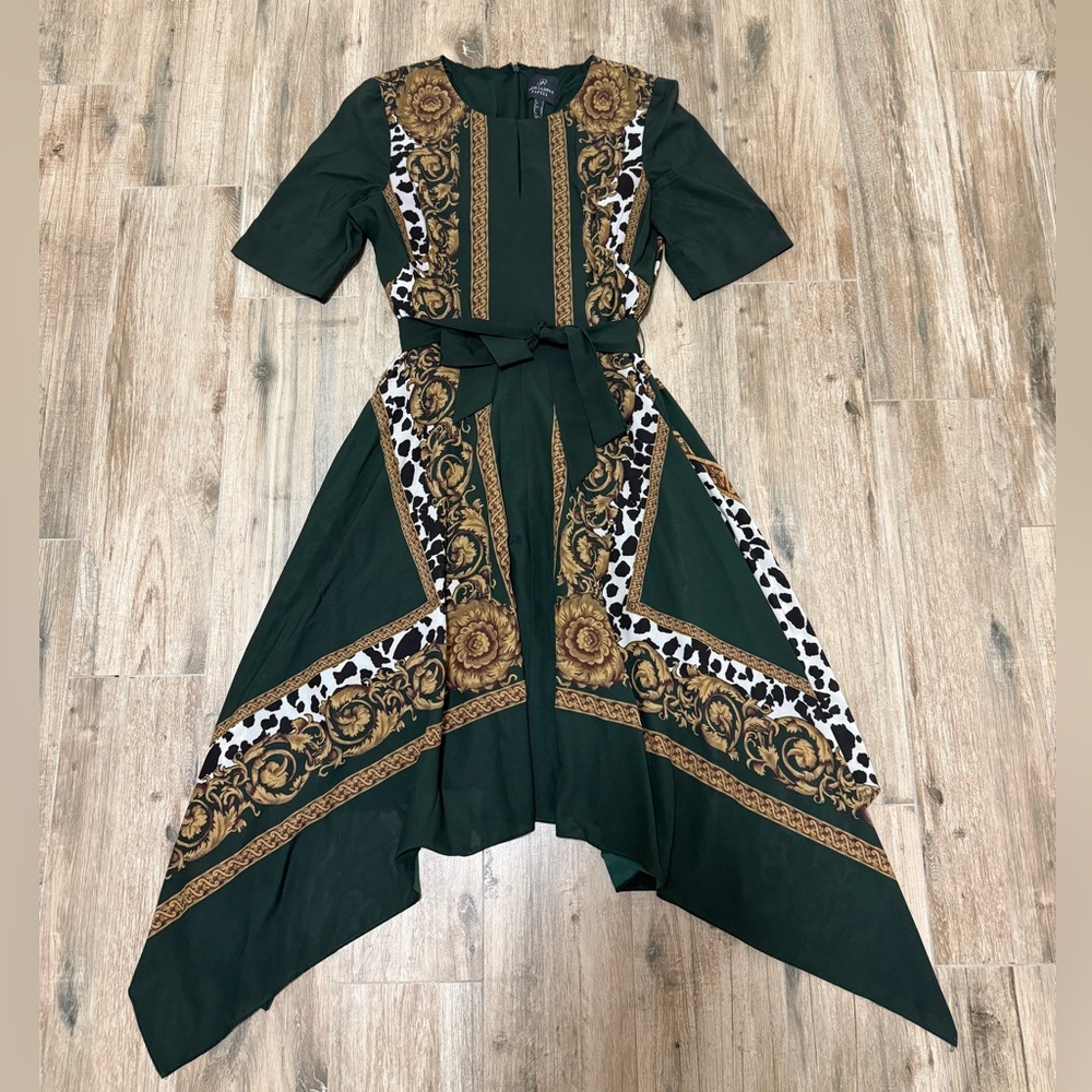 Adrianna Papell Elegant Size 4 Green Patterned Cheetah Print Flowy Dress